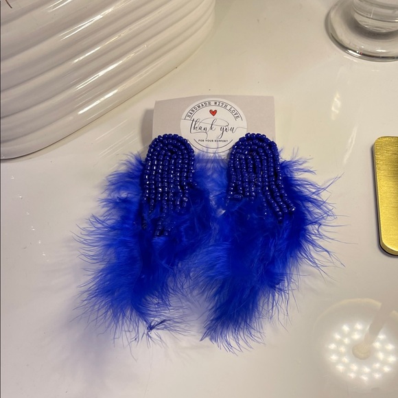 Blue Feather Beaded Earrings - Picture 2 of 4